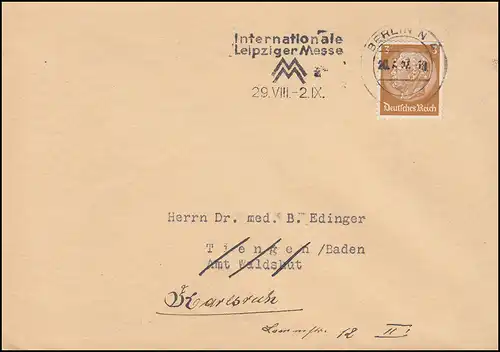 Trou de l'entreprise PK sur Hindenburg 3 Pf. en tant qu'EF sur l 'impression BERLIN 20.7.37