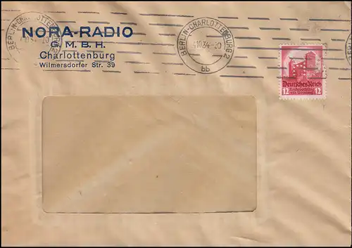 Firmenlochung H.A. auf 547 Nürnberg 12 Pf EF Brief BERLIN-CHARLOTTENBURG 4.10.34