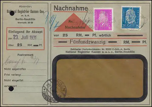 Firmenlochung N.R.K. auf 416 Ebert + 435 Hindenburg MiF NN-Brief BERLIN 23.7.31