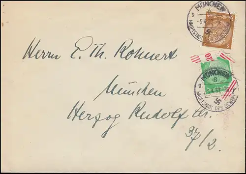 Trou de l'entreprise ED sur Hindenburg 3 Pf. MiF sur lettre locale MUNICH 5.4.37