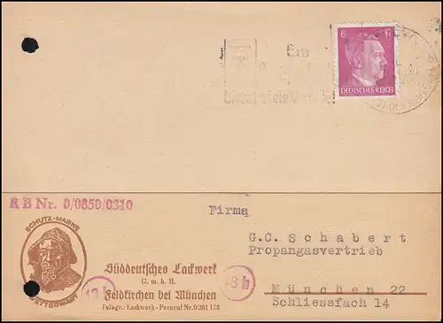 785 Freischmarke 6 Pf. sur carte postale Lackwerk Feldkirchen 13b MUNICH 24.1.45