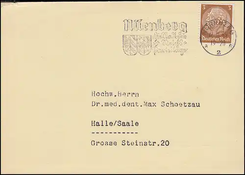 Firmenlochung FA auf Hindenburg 3 Pf. als EF auf Drucksache NÜRNBERG 12.11.35