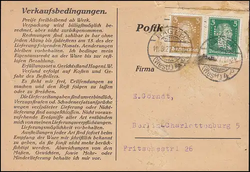 Firmenlochung LNN auf Goethe/Schiller-Marken auf Postkarte HAGEN/WESTF. 11.8.27