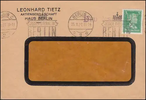 Firmenlochung LT auf 387 Schiller 5 Pf. als EF auf Drucksache BERLIN 25.11.27