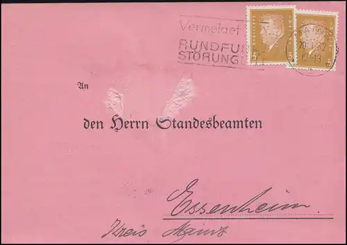 Firmenlochung OBM auf 410 Ebert 3 Pf als MeF auf Postkarte MAINZ 20.1.32