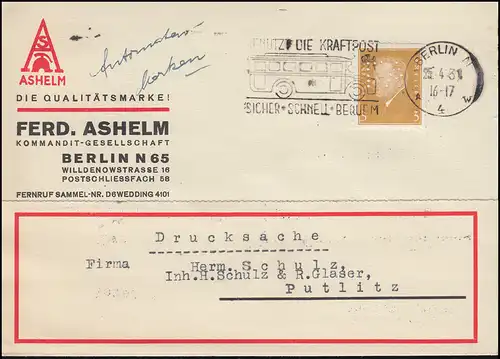 Firmenlochung FA auf 410 Ebert 3 Pf als EF auf Drucksache BERLIN 25.4.31