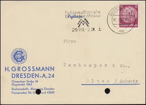 Firmenlochung HG auf Hindenburg 15 Pf. als EF auf Postkarte DRESDEN 10.8.37