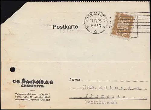 Firmenlochung CGH auf 355 Adler 3 Pf als EF auf Orts-Postkarte CHEMNITZ 11.12.25