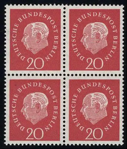 184v Heuss 20 Pf - pression de la plaque/gélation de l'élastique, bloc à quatre **