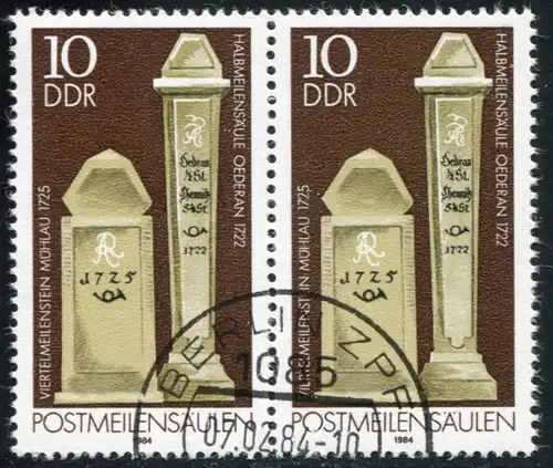 2853II Piliers postaux 10 Pf paire PLF III O endommagée, case 28, ESSt Berlin