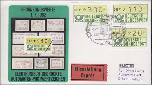 1.1  Drei ATM-Ergänzungswerte 20+110+300 Pf auf Eil-FDC Ransbach ESSt 1.7.82