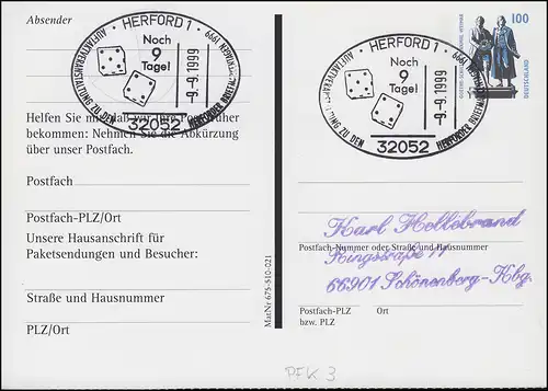 Postfach-PK PFK 3 SWK 100 Pf Großer Wecker SSt HERFORD 9.9.1999 nach Schönenberg