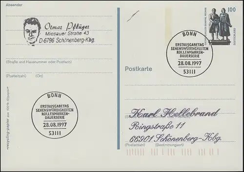 P 157 SWK Goethe/Schiller 1997 comme FDC ESSt Bonn 28.8.1997 vers Schönenberg