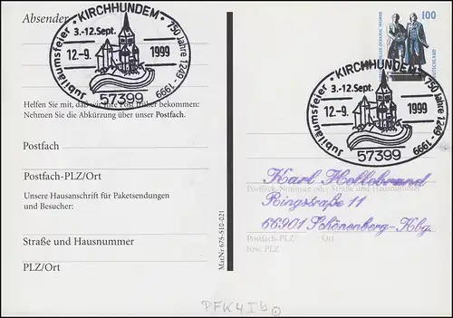 Postfach-PK PFK 4Ib SWK Kleiner Réveil SSt KIRCHUNDEM 12.9.99 vers Schönenberg