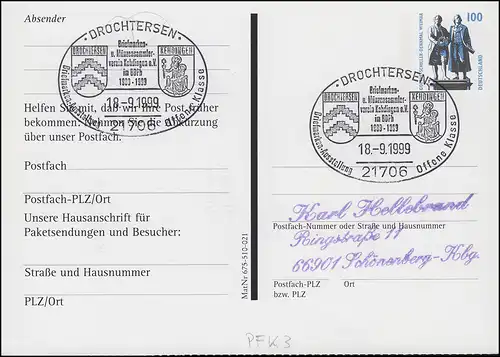 Postfach-PK PFK 3 SWK Großer Wecker SSt DROCHTENSEN 18.9.1999 nach Schönenberg