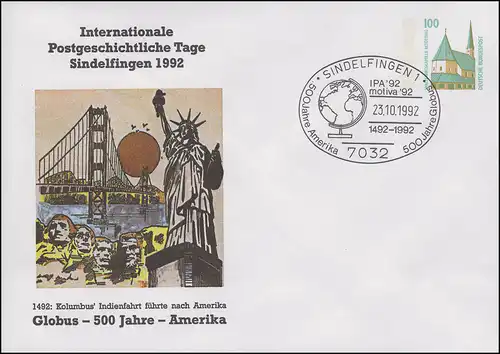 PU 290 Postgeschichtliche Tage Sindelfingen, SSt Sifi Globus Amerika 23.10.1992