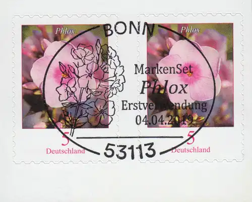 3459 Blume Phlox 5 Cent, selbstklebend aus FB 87, Paar mit EV-O Bonn 4.4.19