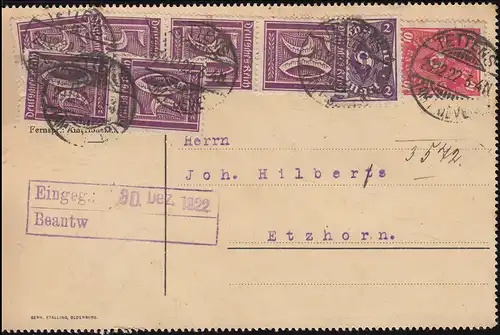 183+206+224 Infla-MiF sur carte postale TETTENS (OFFICE JEVER) 29.12.23 vers Etzhorn