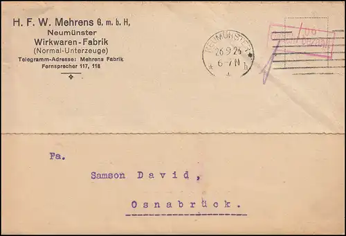 Infla-Notausgabe Gebühr-bezahlt-Stempel auf Postkarte NEUMÜNSTER 26.9.1923