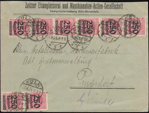 295 Infla 250 Tsd auf 500 M als MeF auf Brief KÖLN 1.10.23 nach Pingsdorf/Brühl