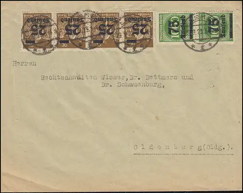 283+288I Infla-Mischfrankatur Brief BREMEN 29.9.23 nach Oldenburg, INFLA-geprüft