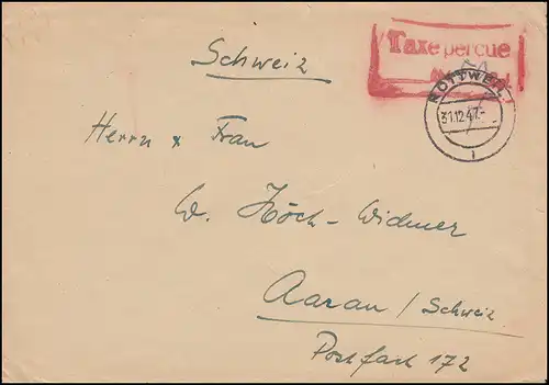 Gebühr-bezahlt-Brief mit Stempel Taxe percue 50 Rpf. aus ROTTWEIL 31.12.1947 