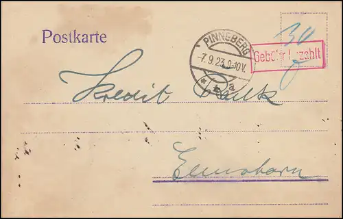 Infla-Notausgabe Gebühr-bezahlt-Stempel Postkarte PINNEBERG 7.9.23 nach Elmshorn