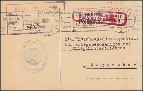 Infla-Notausgabe Freigebühr bezahlt Postamt MÜNCHEN 22.9.23 auf Postkarte