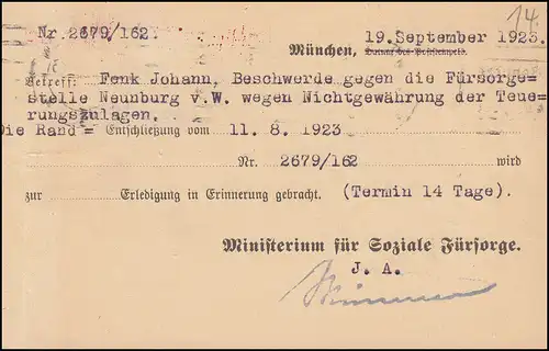 Infla-Supplément d'urgence Frais de port gratuits payés bureau de poste MUNICH 22.9.23 sur carte postale