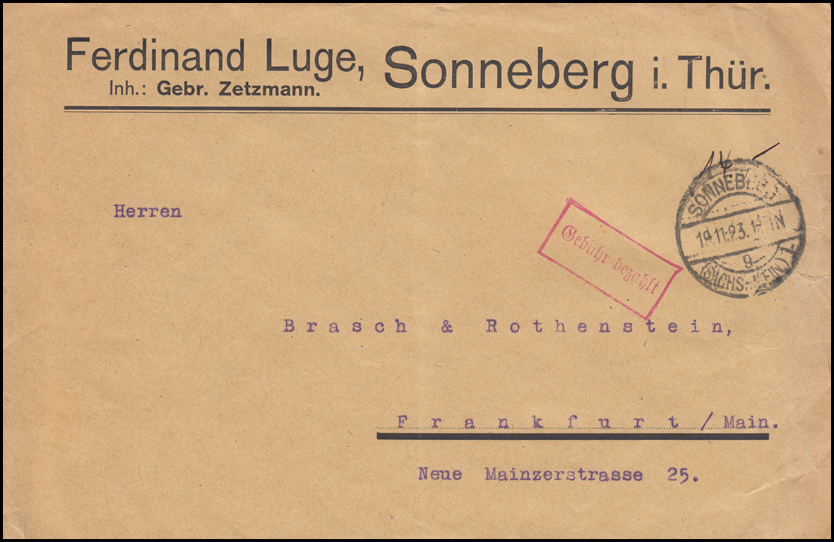 Infla Notausgabe Gebuhr Bezahlt Stempel Brief Sonneberg Sachs Mein 19 11 23 Nr Oldthing Briefe Und Belegposten