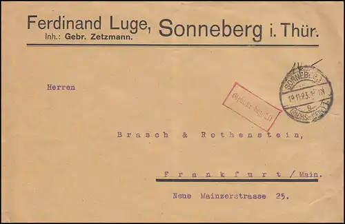 Infla-Notausgabe Gebühr-bezahlt-Stempel Brief SONNEBERG (SACHS.-MEIN.) 19.11.23