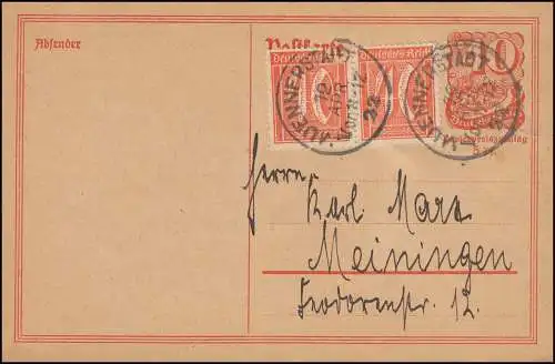 Postkarte P 141I Postreiter mit 2mal 182 von MÜNNERSTADT 12.4.22 n. Meiningen