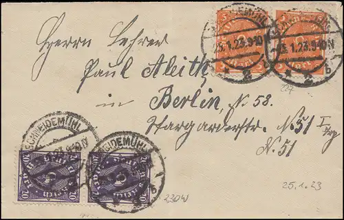 227+230 Francage de mixeur Posthorn sur lettre d'une femme SCHNEIDEMÜHL 25.1.23 à Berlin