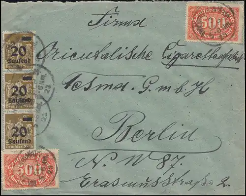 251+253a+281 Franc belge sur lettre Wörth AM RHEIN 3.9.23 à Berlin