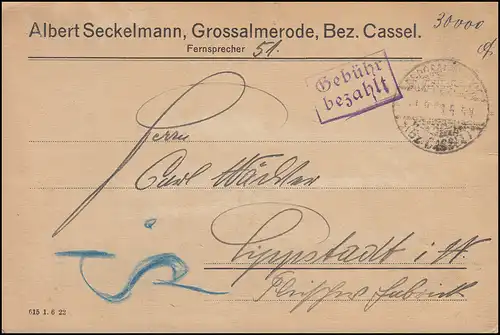 Infla-Notausgabe Gebühr-bezahlt-Stempel Postkarte GROSSALMERODE / CASSEL 1..9.23