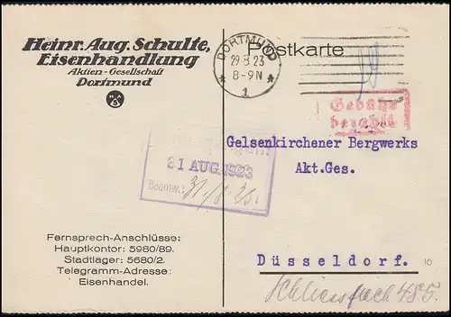 Infla-Notausgabe Gebühr-bezahlt-Stempel auf Postkarte DORTMUND 29.8.1923