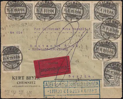 252ff Infla-Mischfrankatur auf Eil-Brief CHEMNITZ 31.8.1923 nach BERLIN 1.9.23
