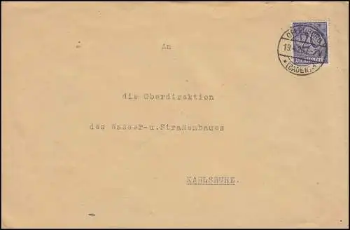 26 Dienstmarke 20 Pf als EF auf Brief Kulturinspektion OFFENBURG / BADEN 19.4.20