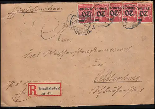 273+280 Francs de masse Infla R-Lettre ELISABETHFEHN 3.9.1923 vers Oldenburg