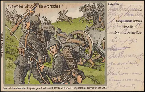 Feldpost BS R.St / Inf.R. des XII. AK 1.5.15, AK Nun wollen wir sie verdreschen!