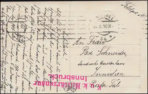 Censure K.u.k. Centurisation militaire Innsbruck sur infirmière AK, Poste de terrain 28.11.16
