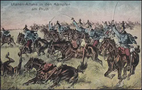 Ansichtskarte Ulanen-Attacke in den Kämpfen am Pruth, ST. POLTEN 15.7.1915 