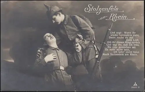 Ansichtskarte Stolzenfels am Rhein - Gedicht mit 2 Soldaten, 18.6.1916