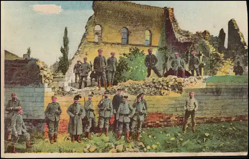 Ansichtskarte I. Weltkrieg: Soldaten, zerstörtes Haus, 5.3.1916 - beschnitten