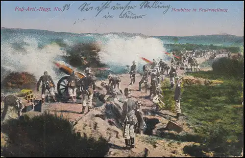 Poste de champ 1915: BS Régulation d'artillerie de terrain. 19, AK Haubitze approprié en position de feu