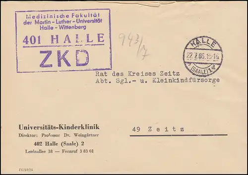 Lettre de la ZKD Faculté de Médecine Martin-Luther Uni Halle-Wittenberg HALLE 22.7.65