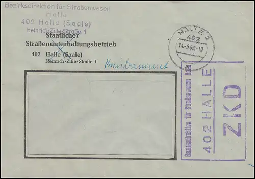 ZKD-Fensterbrief Bezirksdirektion Straßenwesen HALLE/SAALE 14.5.68 nach ZEITZ