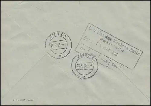 ZKD-Fensterbrief Bezirksdirektion Straßenwesen HALLE/SAALE 14.5.68 nach ZEITZ