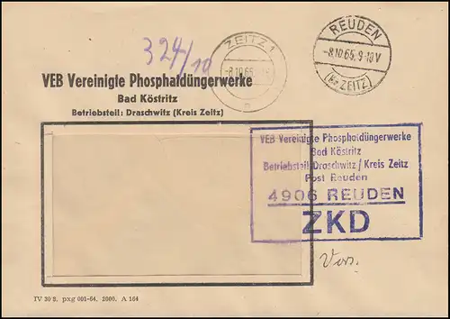 Lettre ZKD VEB Engrais phosphates Unis Bad Köstritz Post REUDEN 8.10.65
