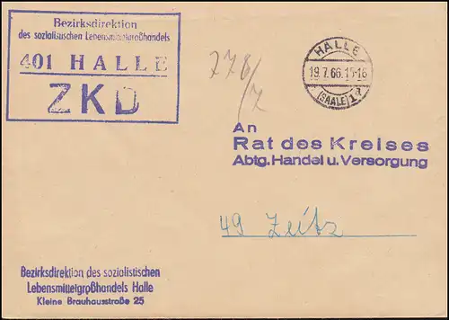 Lettre de ZKD Direction de district du centre de vie Commerce de gros HALLE/SAALE 19.7.66 selon ZERZ